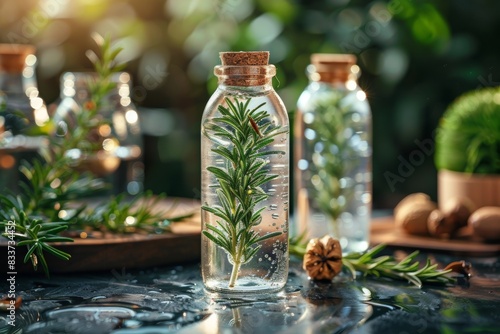 a bottle of revitalizing rosemary water on the table, accompanied by a sprig of rosemary, ideal for embracing a healthy lifestyle