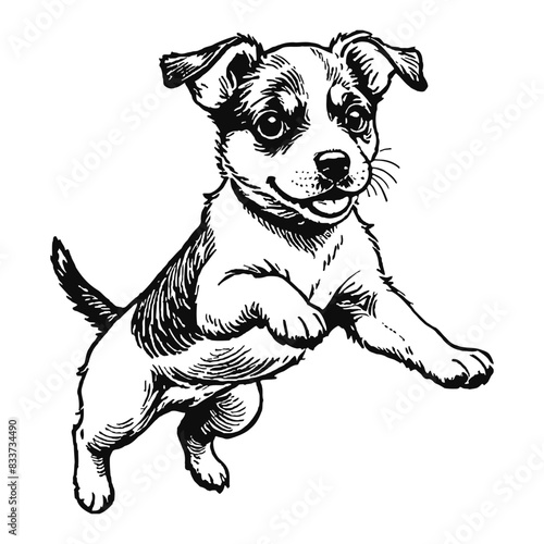Jack Russel Terrier Dog Puppy Hand Drawn Engraved Ink Line Art Sketch Illustration