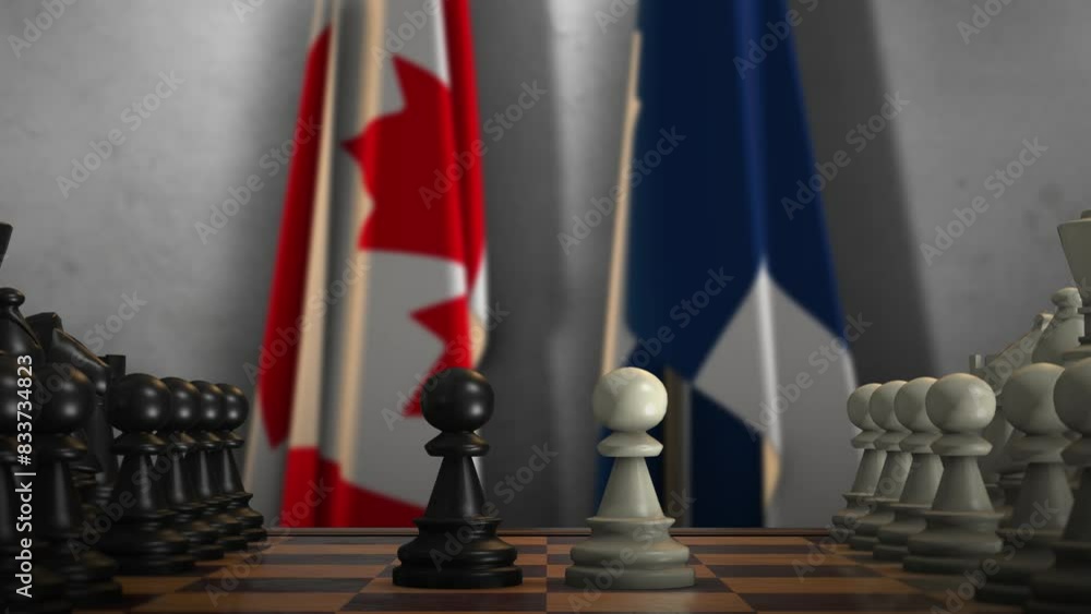 Finland and Canada National Flags with Chess Board Animation. Politics of Government or Conflict of Countries Concept Finland and Canada National Flags with Chess Board Animation. Politics of Government or Conflict of Countries Concept