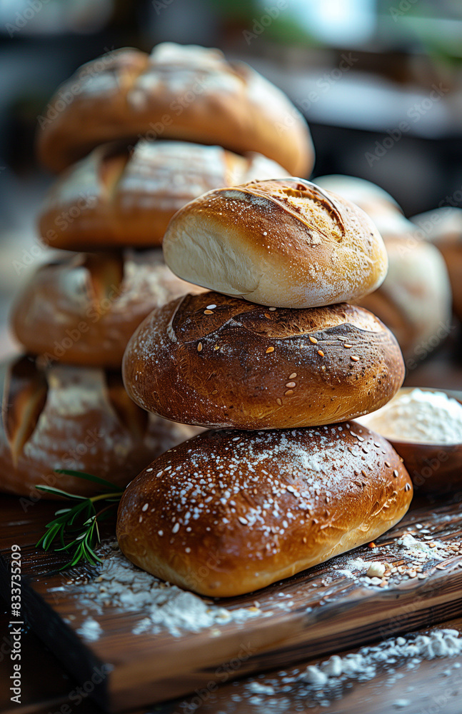 Whole and sliced breads on a Rustic wooden table with slices of sourdough bread and flour against a dark background in warm tones, product photography Whole and sliced breads on a Rustic wooden table with slices of sourdough bread and flour against a dark background in warm tones, product photography