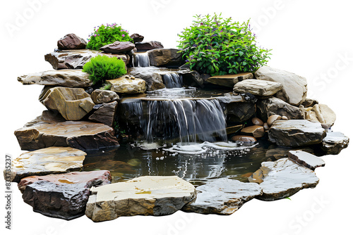 Fototapeta Naklejka Na Ścianę i Meble -  Natural rock fish pond with cascading waterfall isolated on transparent background