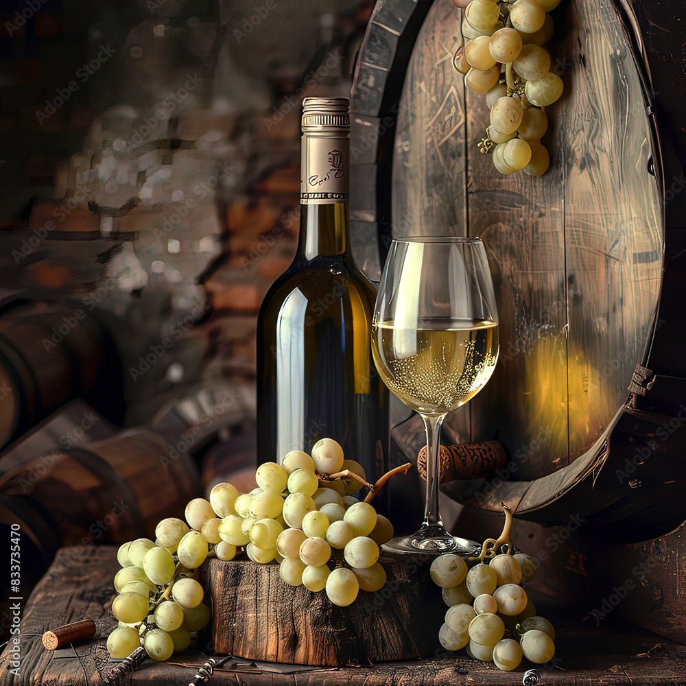 Obraz premium A bottle of white wine and a glass of wine stand on an old table, against the backdrop of oak barrels. A bottle and glass of white wine against a background of grapes and barrels in the cellar.