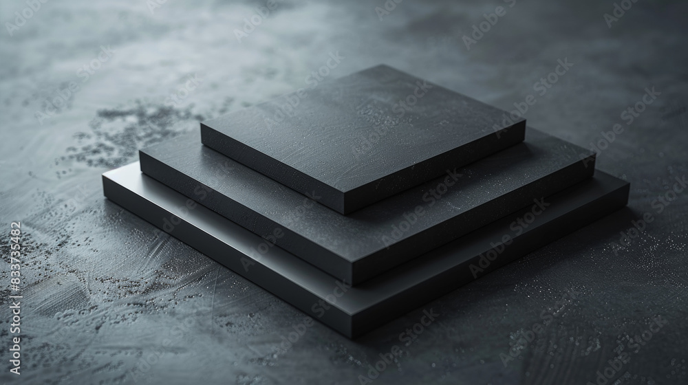 A stack of black square pieces on a grey surface A stack of black square pieces on a grey surface