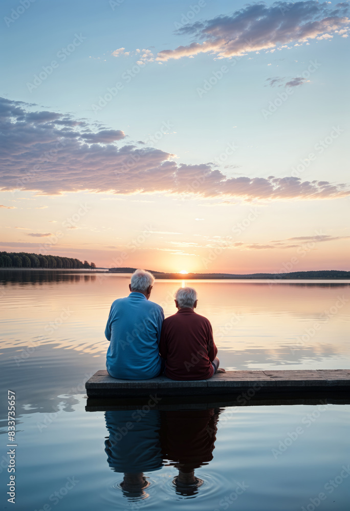an elderly couple sitting on a dock at sunset an elderly couple sitting on a dock at sunset