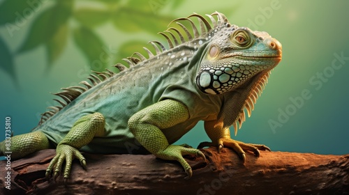 a green iguana perched on a branch  its scales glistening under the sun.