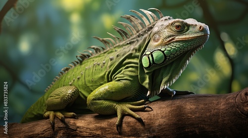 a green iguana perched on a branch  its scales glistening under the sun.