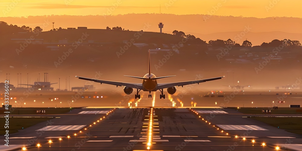 A passenger plane lands on a runway at an airport at sunset. Concept Airplane landing, Runway, Airport, Sunset, Transportation A passenger plane lands on a runway at an airport at sunset. Concept Airplane landing, Runway, Airport, Sunset, Transportation