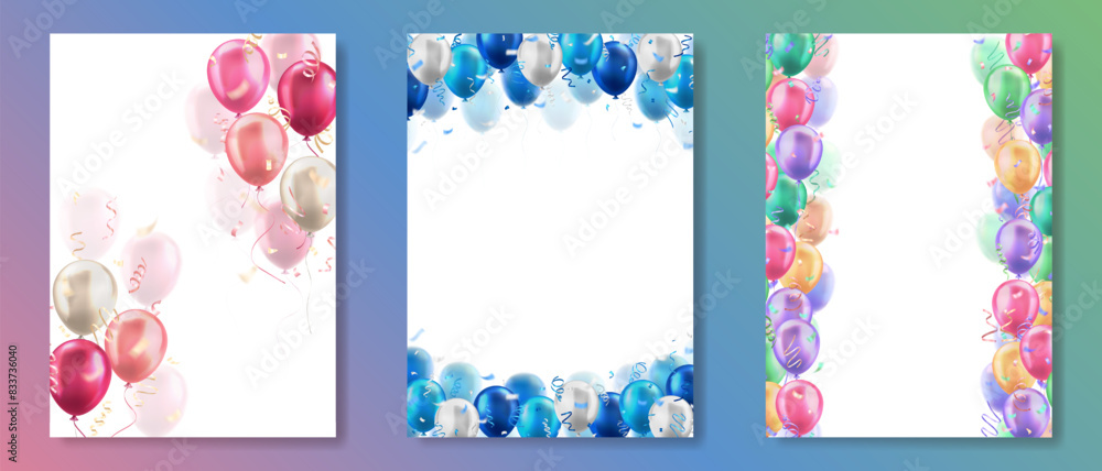 Vertical banners with lots of 3d colorful realistic glossy balloons and ...