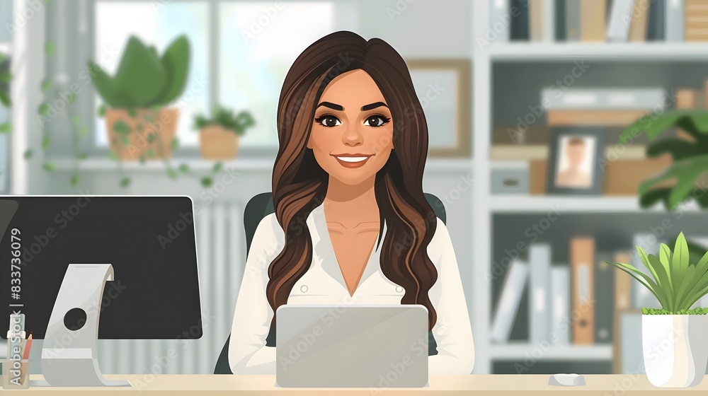 Cheerful Businesswoman Working Diligently at Desk with Computer Cheerful Businesswoman Working Diligently at Desk with Computer