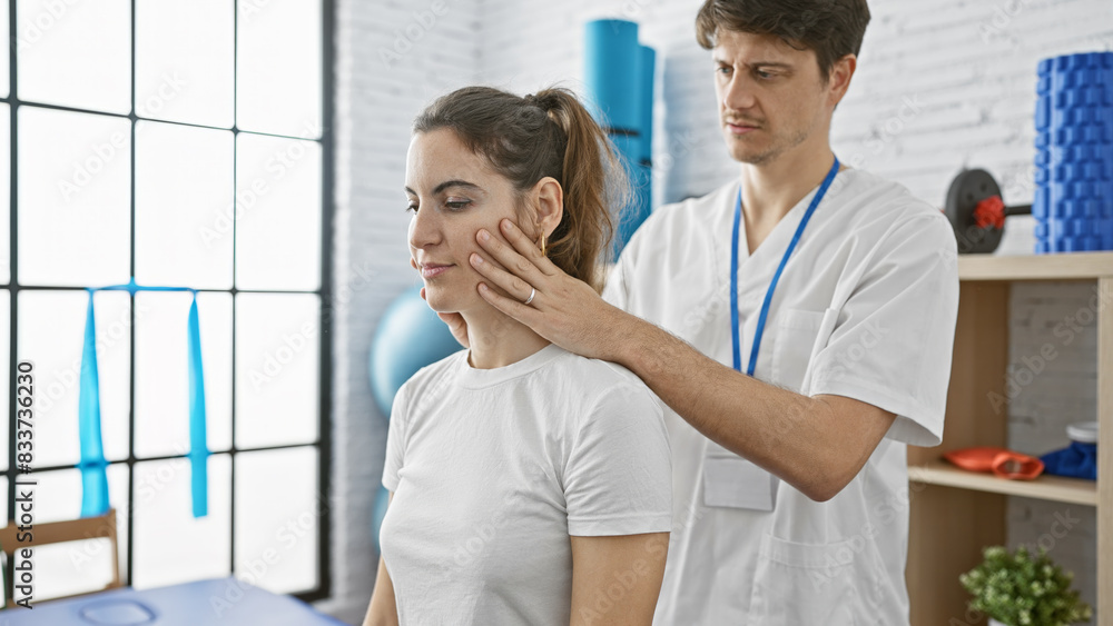 A male physiotherapist examines the neck of a female patient in a modern rehabilitation clinic. A male physiotherapist examines the neck of a female patient in a modern rehabilitation clinic.