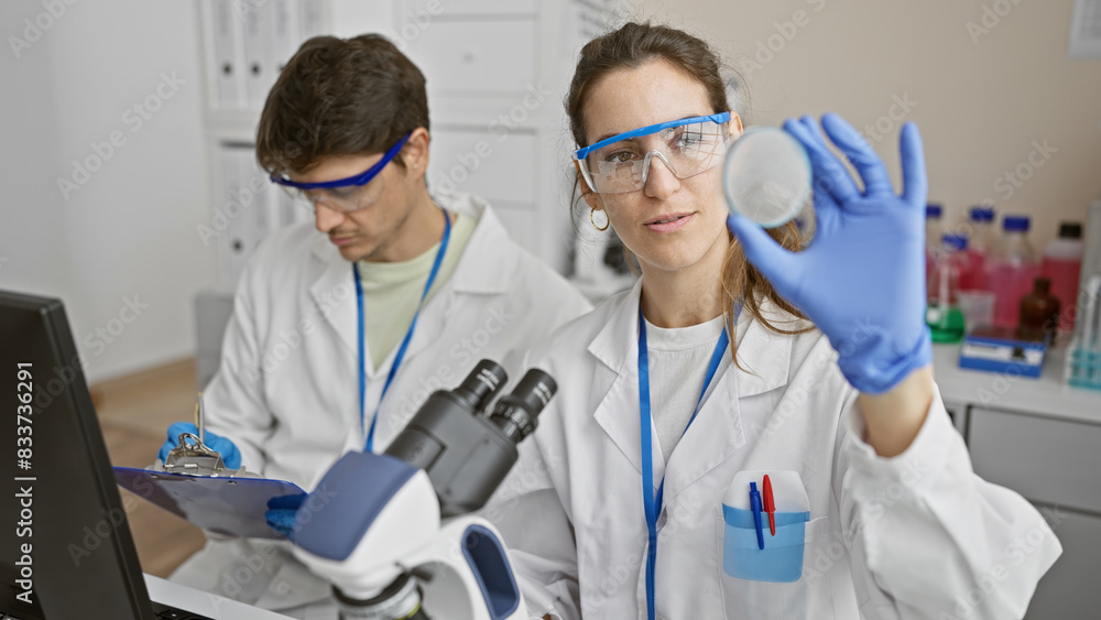In a well-equipped lab, a woman and a man in lab coats analyze samples while surrounded by scientific equipment. In a well-equipped lab, a woman and a man in lab coats analyze samples while surrounded by scientific equipment.