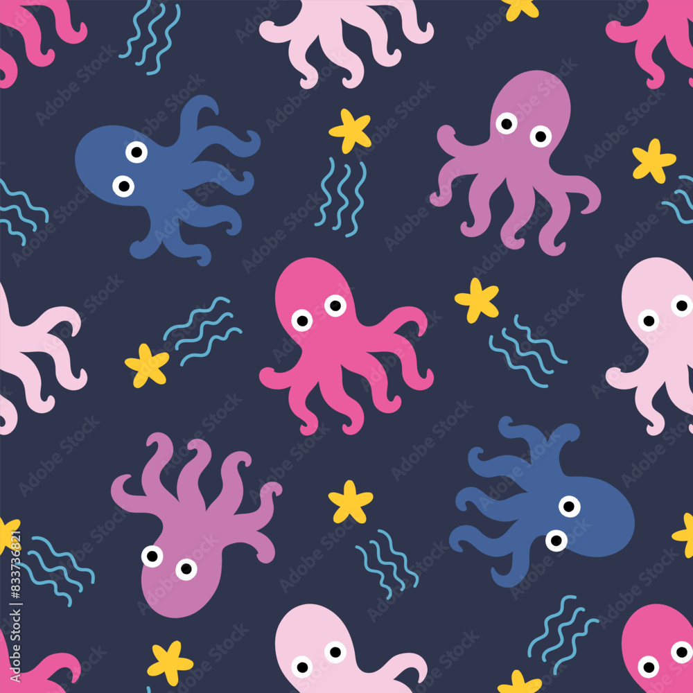 Cute cartoon octopuses seamless pattern, vector illustration Cute cartoon octopuses seamless pattern, vector illustration