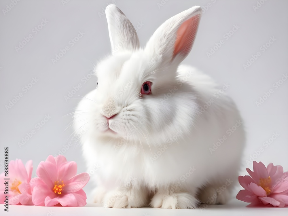 Obraz premium white rabbit with pink flowers
