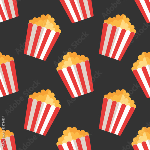 popcorn in stripped cardboard box on black background, vector seamless pattern in flat style 