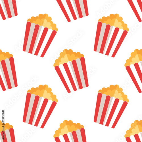 popcorn in stripped red cardboard box on white background, isolated, vector seamless pattern, flat style 