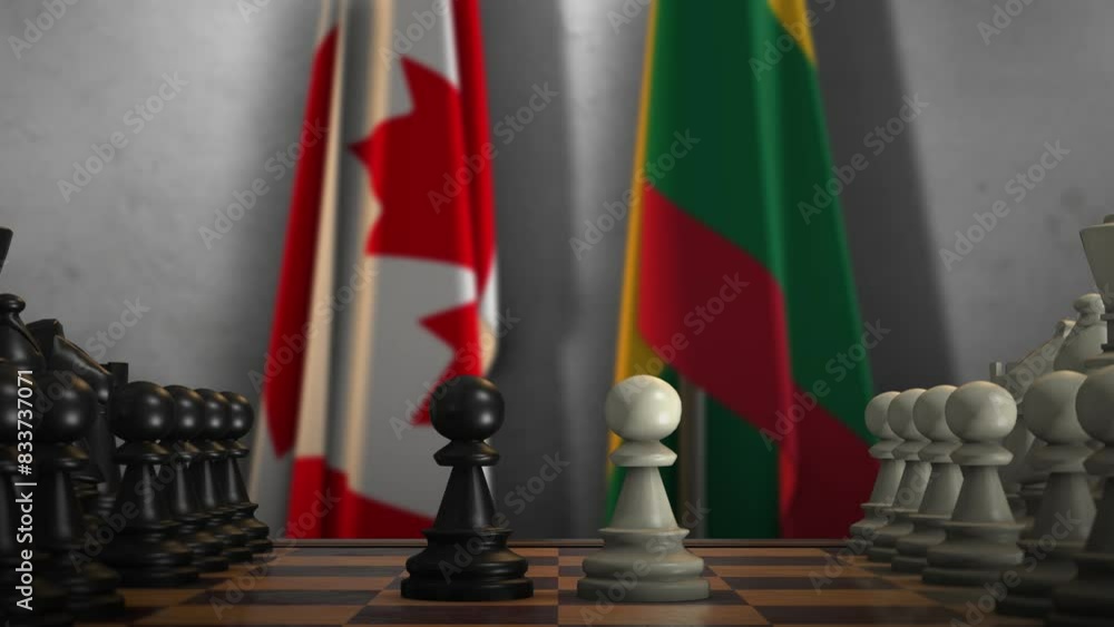 Lithuania and Canada National Flags with Chess Board Animation. Politics of Government or Conflict of Countries Concept Lithuania and Canada National Flags with Chess Board Animation. Politics of Government or Conflict of Countries Concept