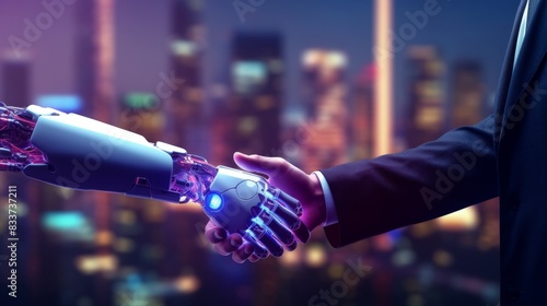 Futuristic business handshake between a human and a robot against a cityscape background, symbolizing technology and partnership.