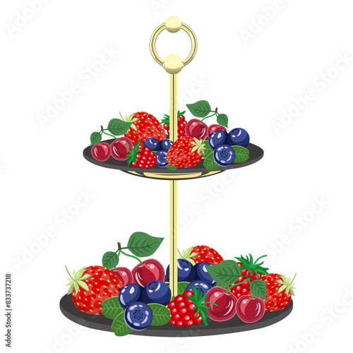 Strawberries, blueberries, raspberries, cherries on a two-tier stand on a white background. Vector illustration of a berry composition for summer holiday designs, restaurant menus.