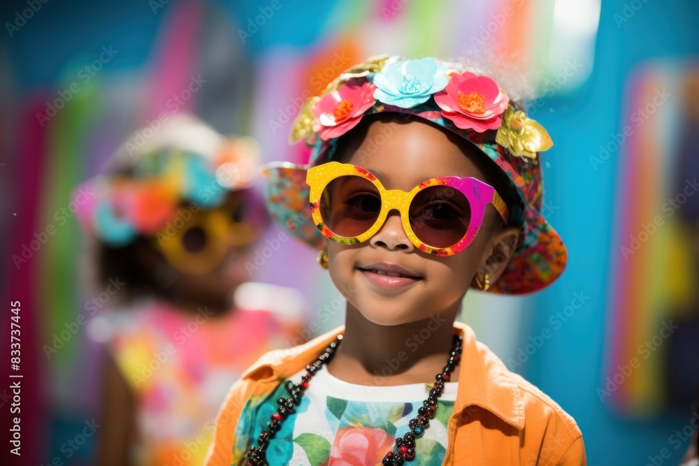 Smiling Girl in Bright Floral Sunglasses and Jacket Smiling Girl in Bright Floral Sunglasses and Jacket