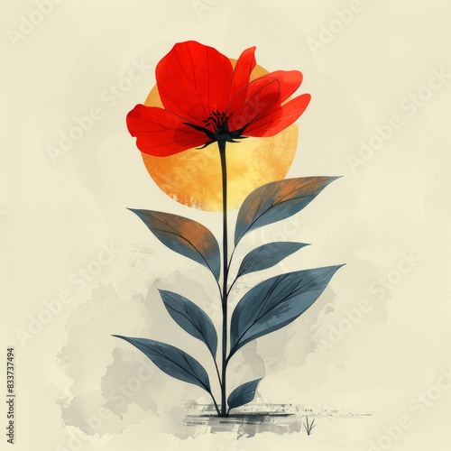 Minimalist illustration of a red flower with green leaves against a beige background  with an abstract yellow circle behind the bloom.