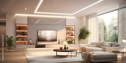 Contemporary living room with smart home tech LED lights IoT devices. Concept Smart Home Technology  LED Lighting  IoT Devices  Contemporary Living Room Design