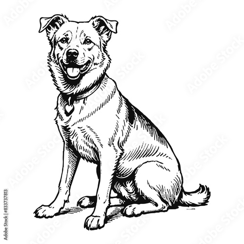 Mongrel Dog Hand Drawn Engraved Ink Line Art Sketch Illustration
