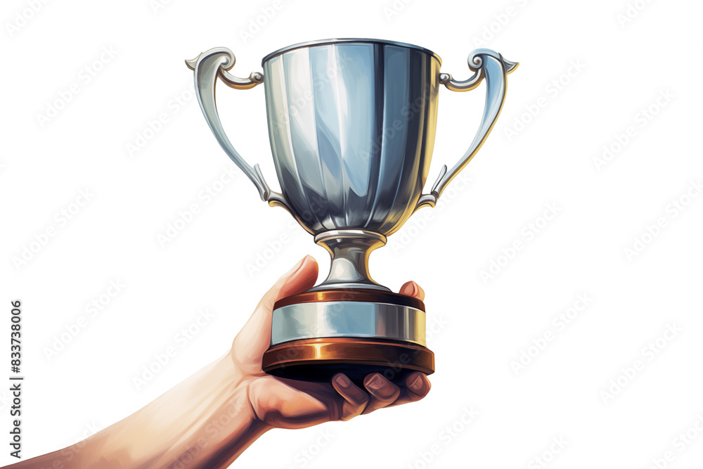 Man's hand holding a shining trophy against a white background. Success and achievement concept. Man's hand holding a shining trophy against a white background. Success and achievement concept.