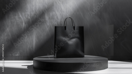 Black textured shopping bag displayed on a round pedestal with dramatic lighting and shadows in a minimalist, monochromatic setting