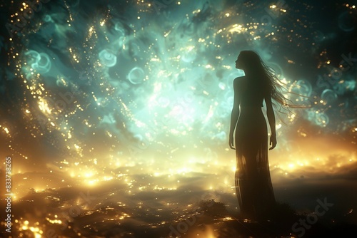 woman bathed in swirling light, her hands outstretched towards pulsating energy waves emanating from them, symbolizing the law of attraction and the discovery of a dream life photo