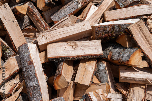 Bild auf Leinwand Chopped firewood with oak and maple logs in morning light.