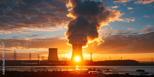 Generating Electricity and Thermal Energy at Sunset: Nuclear Power Plant Harnessing Nuclear Reactions. Concept Renewable Energy, Nuclear Technology, Electricity Generation, Energy Efficiency