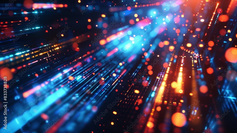 Fototapeta premium Dynamic digital precision background with vibrant moving lights, highlighting modern technology and innovation. Ideal for tech-related visuals