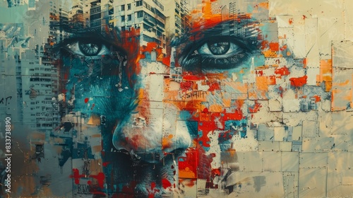 Wallpaper Mural Abstract portrait with vibrant colors and a cityscape background Torontodigital.ca