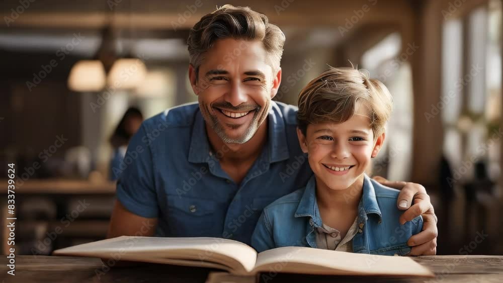 Father and son sitting on the table reading book looking to camera. Suitable for Happy Father's Day etc. Father and son sitting on the table reading book looking to camera. Suitable for Happy Father's Day etc.