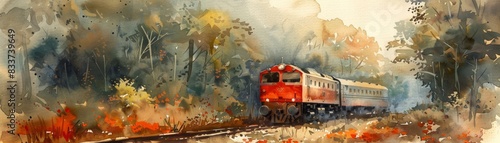 A train moving through a lush, green forest, painted in a watercolor style. photo