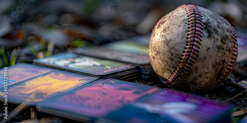 Faded sports cards encircle a weathered baseball in a nostalgic setting. Concept Vintage, Baseball, Sports Cards, Nostalgia, Memorabilia photo