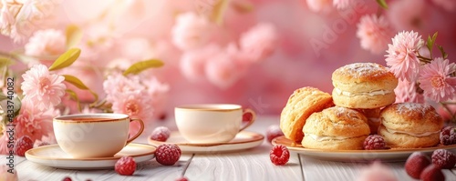 Scone baking steps background, copy space for text flat design top view theme tea time animation Color Scheme photo
