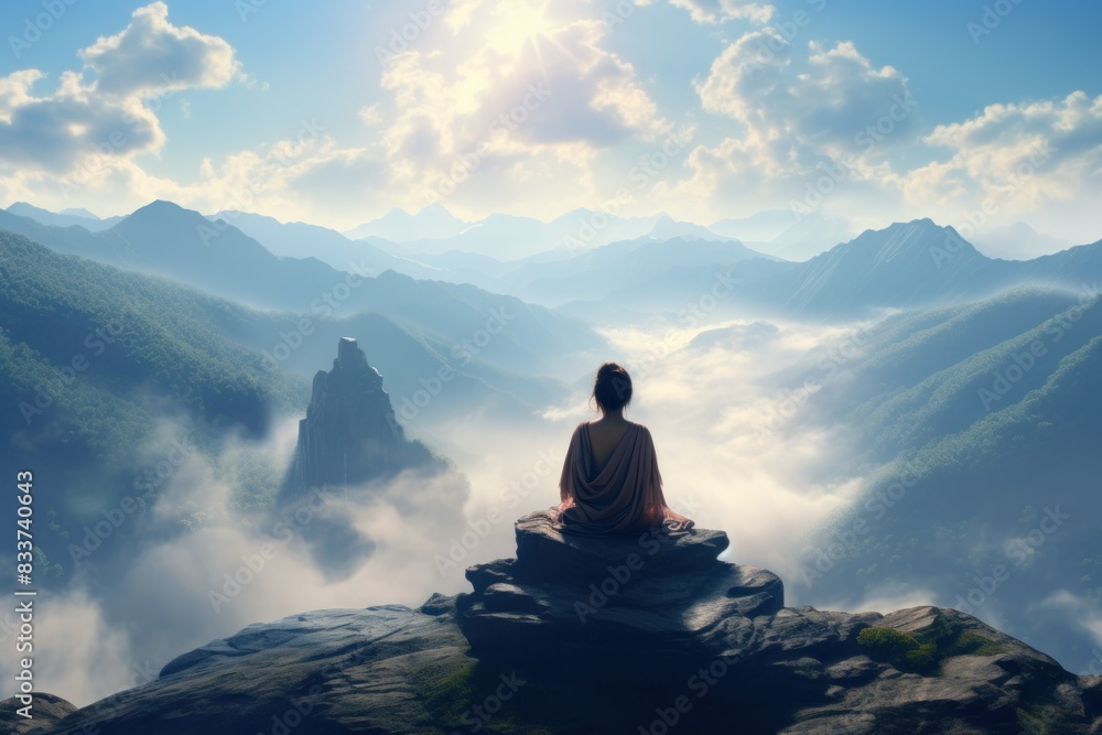 Man Meditating on Mountain at Sunrise