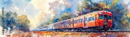 Train traveling through a watercolor landscape. photo