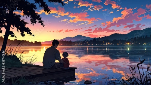 Father and son lake side  fishing Anime style illustration  anime background  cinematic  vibrant flat vector illustration  digital art
