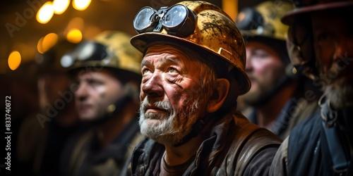 Miners in helmets face challenges after coal mine explosion seeking evacuation. Concept Trapped Miners, Coal Mine Explosion, Evacuation Challenges, Rescuing Workers, Mining Safety photo