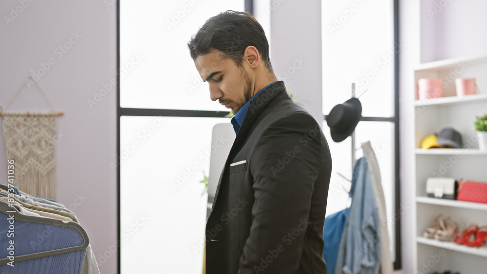 A handsome young hispanic man examines his tailored suit in a well-lit modern dressing room interior. A handsome young hispanic man examines his tailored suit in a well-lit modern dressing room interior.