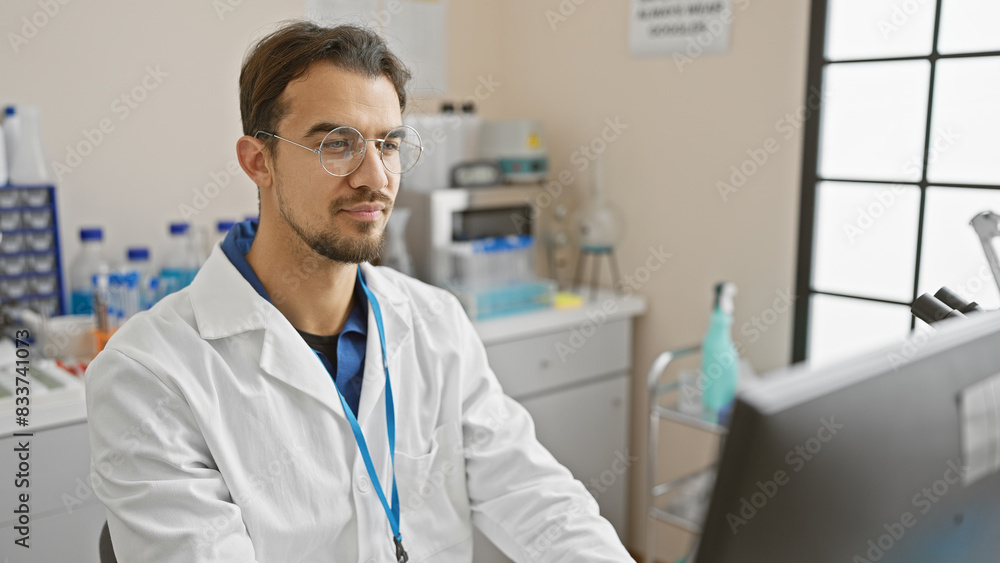 Young adult hispanic man with beard wearing lab coat in a laboratory setting looking at the camera. Young adult hispanic man with beard wearing lab coat in a laboratory setting looking at the camera.