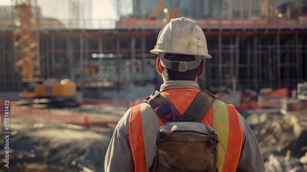 back view of a construction worker near a construction site back view of a construction worker near a construction site