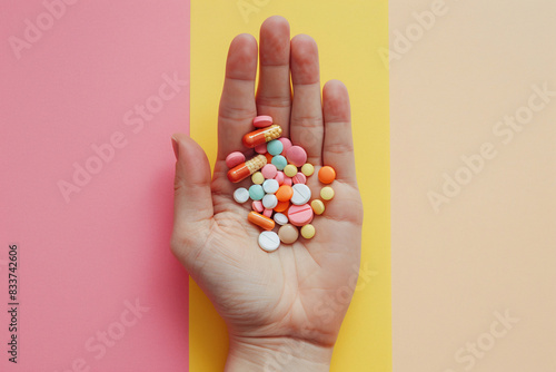 Woman's hand holding many different colorful medical pills and capsules