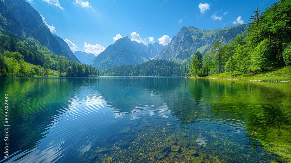 A serene mountain lake surrounded by lush greenery and towering peaks, reflecting the clear blue sky and clouds above. A serene mountain lake surrounded by lush greenery and towering peaks, reflecting the clear blue sky and clouds above.