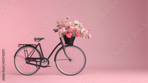 : A sophisticated black bicycle with a front basket showcasing minimalist floral decor, set against a chic deep light pink background, focusing on modern elegance. 32k, full ultra hd, high resolution © Khalif