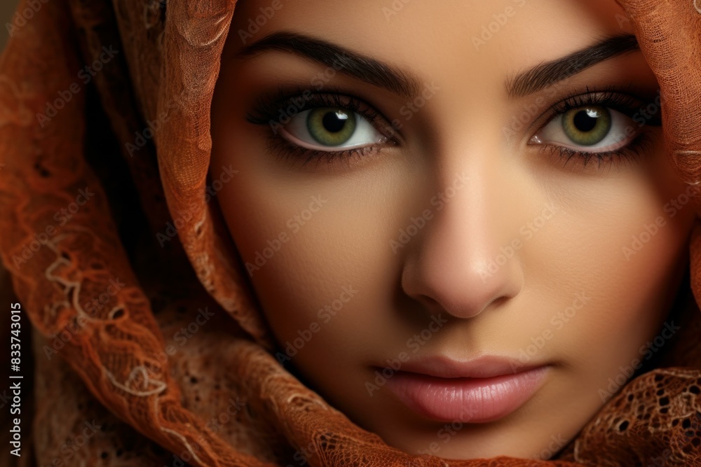 Close-up portrait of a woman with vivid green eyes veiled in an orange scarf Close-up portrait of a woman with vivid green eyes veiled in an orange scarf