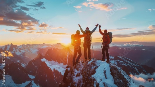 3 mountaineers celebrating on the top of mountain at sunrise, epic view with snow mountains and sky in background, hands up to each other