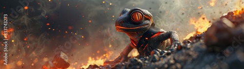 A 3D illustration of a salamander wearing a suit designed for fire exploration, standing amidst smoldering ashes photo
